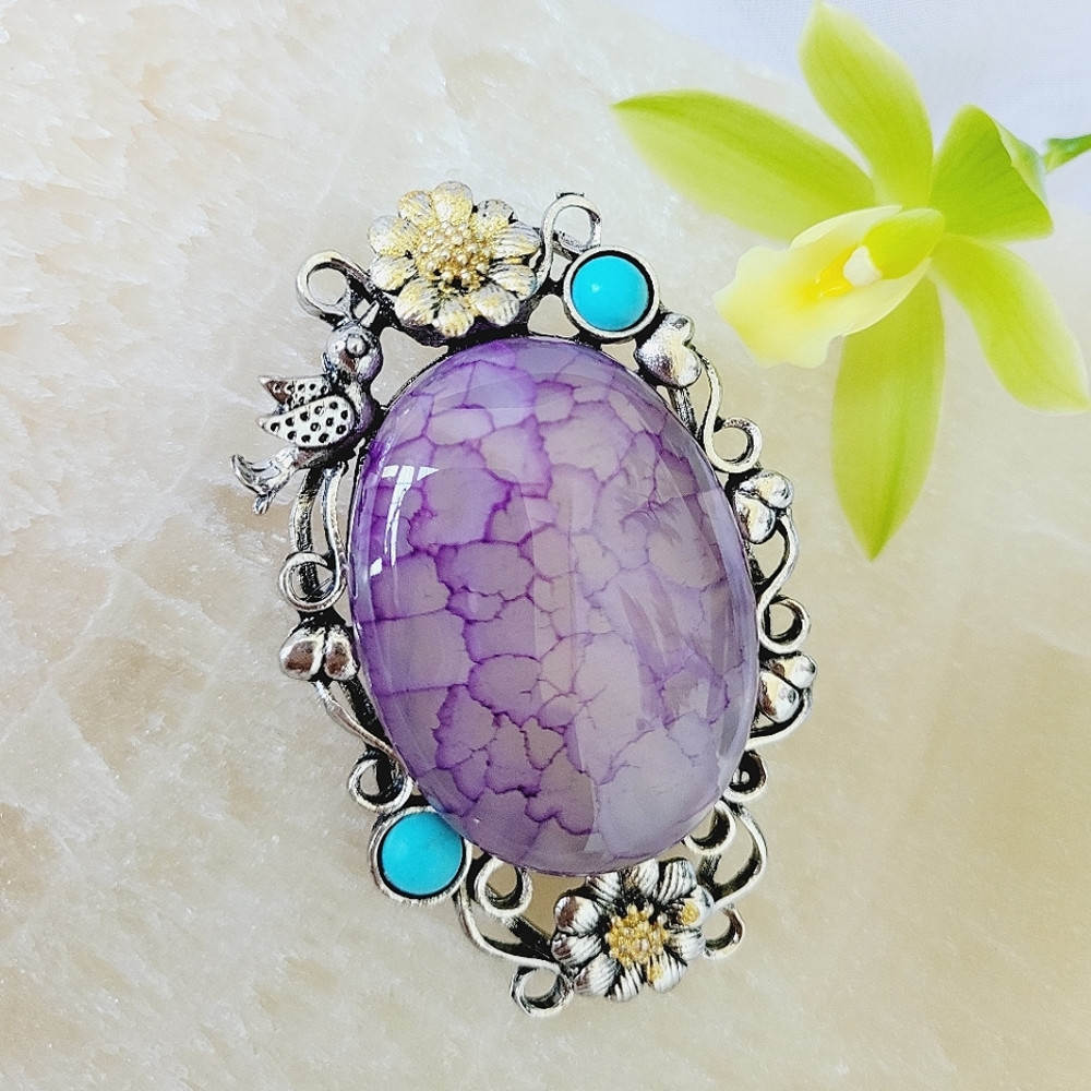 Purple Dragon Veins Wrap Tibetan Silver Inlay Agate  Brooch Pendant NWT
